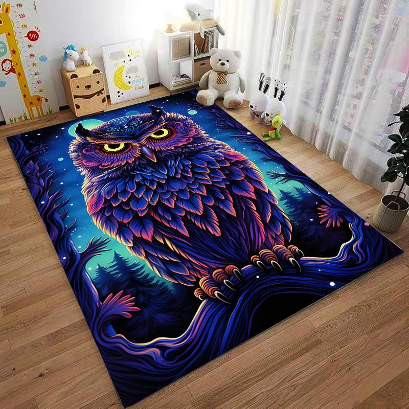 Colorful Owl Design Carpet with Forest Night Background, Home Decor Suitable for Use As an Anti-slip for Living Room Bedroom Sofas