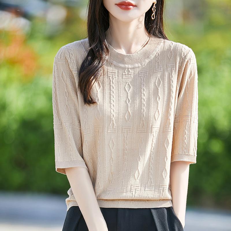 Worsted Wool Five-Quarter-Sleeved Knitted Sweater Women'S Summer New Embossed Jacquard Half-Sleeved Bottomed Shirt Thin T-Shirt Top
