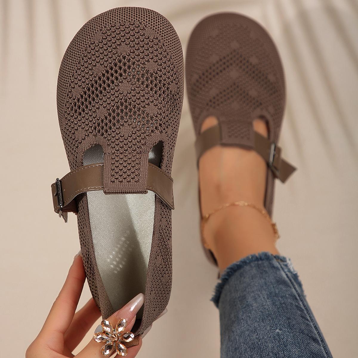 

Летняя вязаная женская обувь с дышащей сеткой, носки, кроссовки, обувь для мам, женские туфли без шнуровки с пряжкой и ремешком на плоской подошве 37 коричневый