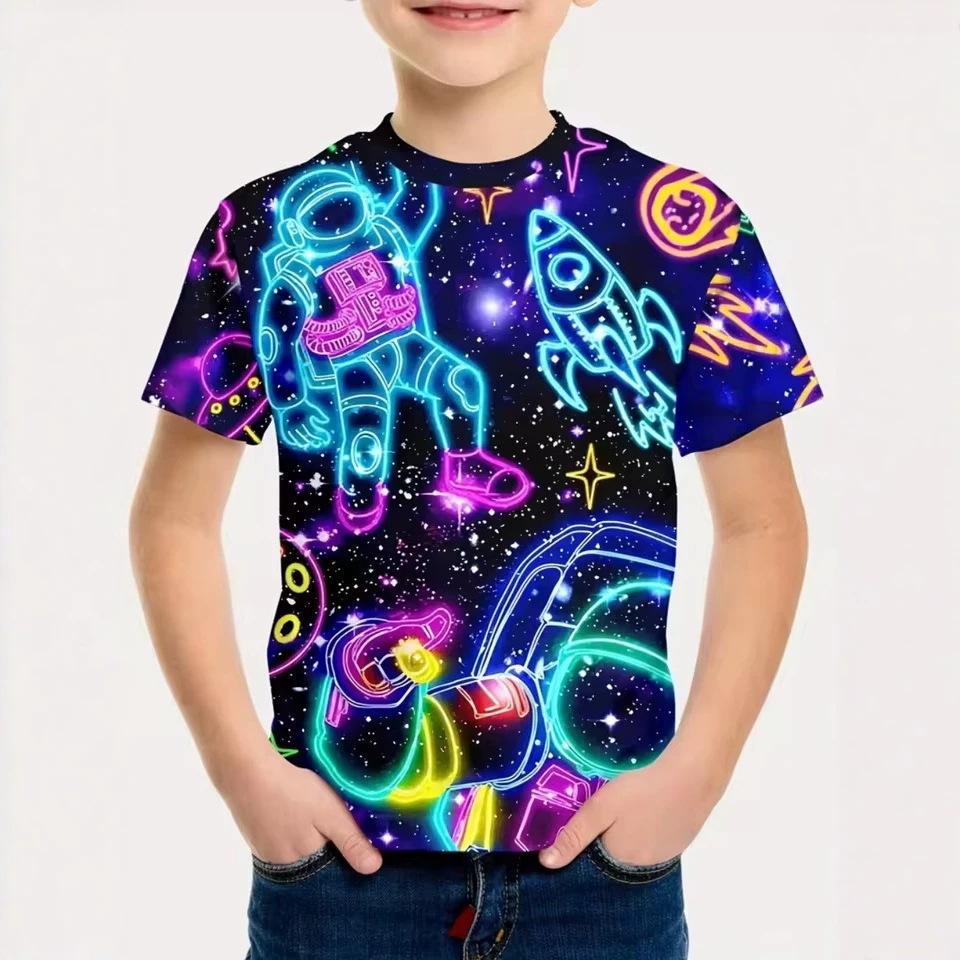 Boys Fashion Cartoon Space Astronaut Pattern Print Casual T-Shirts Boys 170