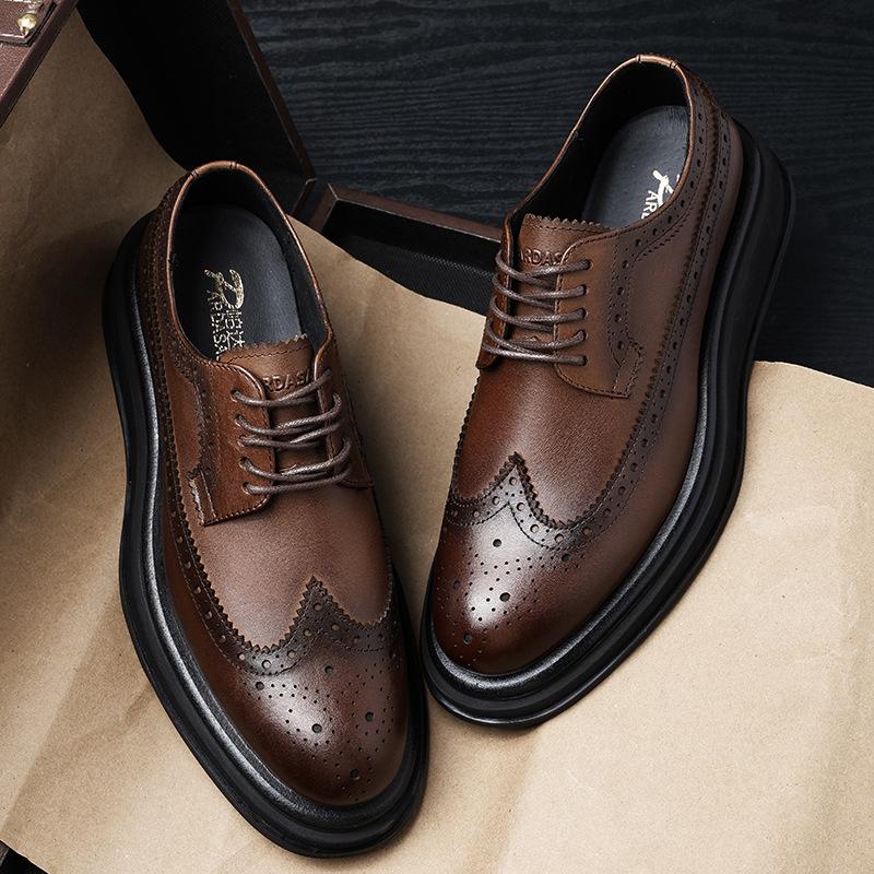 2025 direct supply Brock engraved platform leather shoes men's business spring and autumn men's leather round head British dress shoes