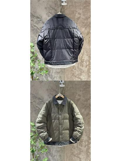 Herren Jacke aus Denim mit Patchwork und weiße Entendaunen: Modisch, Leicht, Zweiteiliges Design, Reverskragen, Einfarbige Winteroberbekleidung