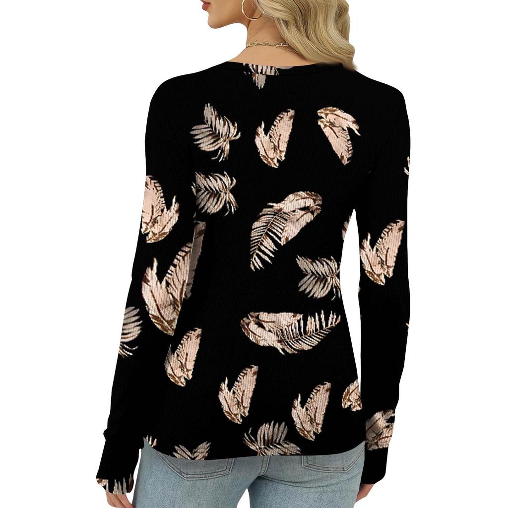 Camiseta de Fondo Ajustada para Mujer y Invierno Moda Casual Estampado Degradado Cuello Redondo Jersey Manga Larga Top