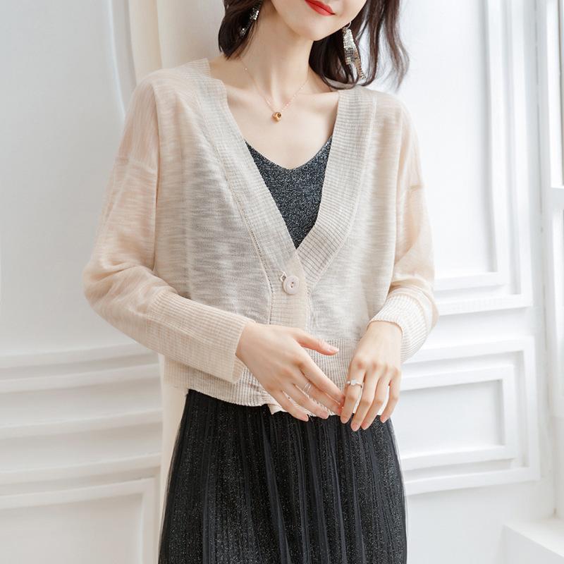 Spring and summer new thin ice silk knitted cardigan top women's loose simple sunscreen shawl air-conditioning shirt jacket