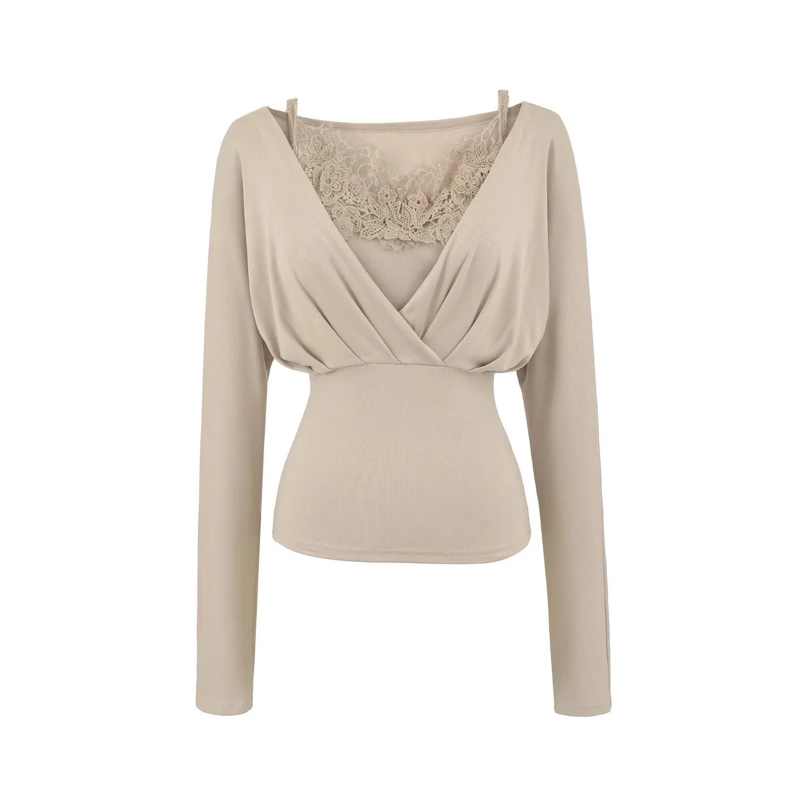 Pure Desire Women s V-Neck Lace Patchwork Long-Sleeve T-Shirt and Camisole Set Small хаки