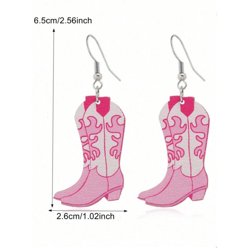 1 Pair Western Cowgirl Style Versatile Pink Acrylic Wavy Cowboy Boot Drop Earrings, Suitable For Women Party And Everyday Wear