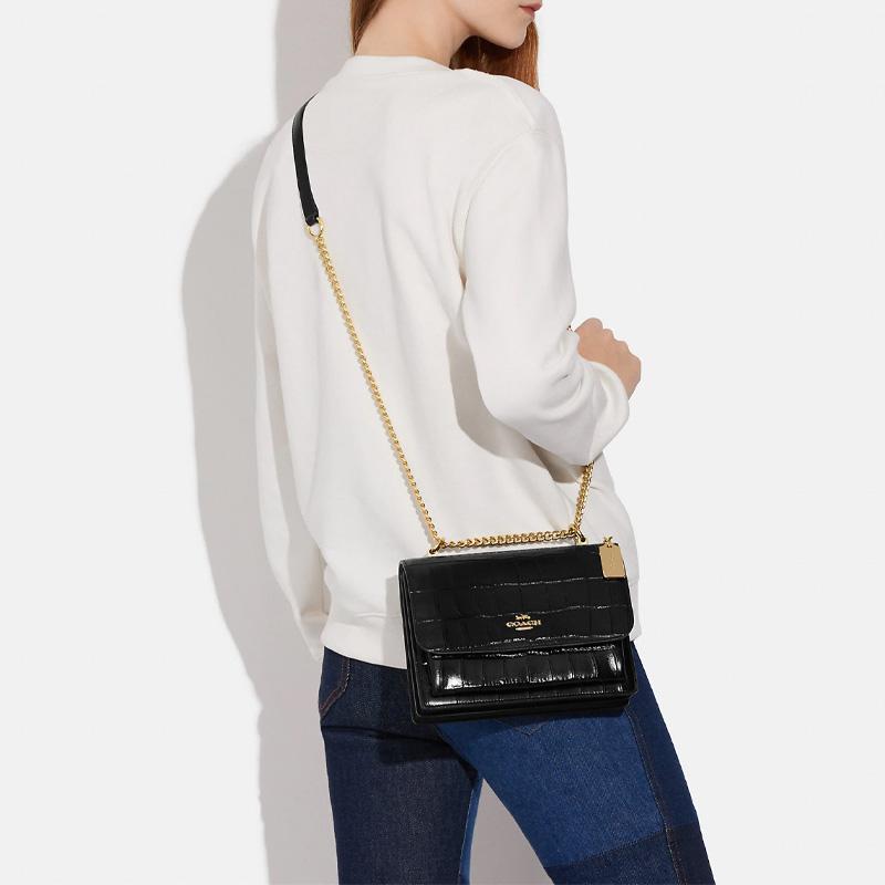 New COACH Klare Crocodile Pattern Embossed Leather Small Square Bag Shoulder Bag Crossbody Bag Medium Size Women's Black CC840-IMBLK