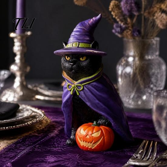 Artistic Garden Courtyard Decor Halloween Black Cat Witch on Pumpkin Resin Statue, Mysterious Gothic Tabletop Stylish Modern Room Accents Figurine,