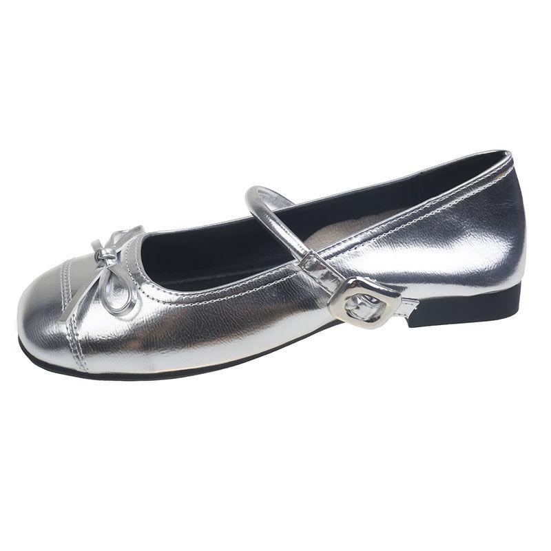 Silver lätt mun balett platt-sulade enkla skor dam nya sommar kjol fransk rund tå Mary Jane skor