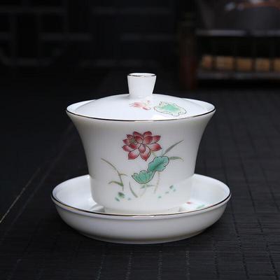Mutton Fat Jade Porcelain SanCai Gaiwan - Clear Pond Lotus Rhyme