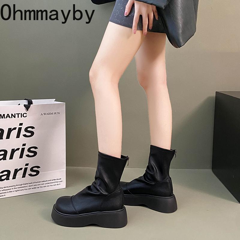 Winter Chunky Heel Woman Ankle Boots Cosy Soft Leather Shoes Street Style Slim Height Increase Short Botas Mujer