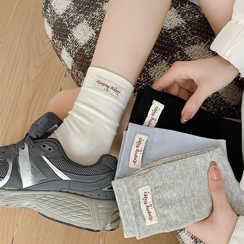 Cloth Label Pile Socks, Girls' Solid Color Simple Style Socks, Spring and Summer Versatile Mid-calf Socks, Women's Cotton Socks