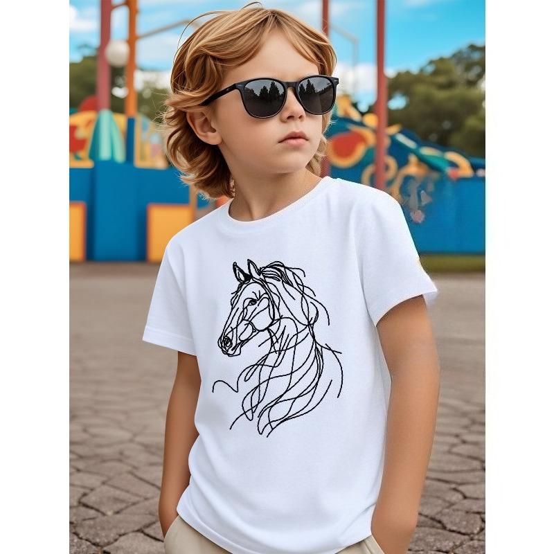 European Sizes Boys' T-Shirt Horse Head Abstract Line Art Design, Ideal for Outdoor Activities, Soft Knitted Top, Comfortable And Breathable