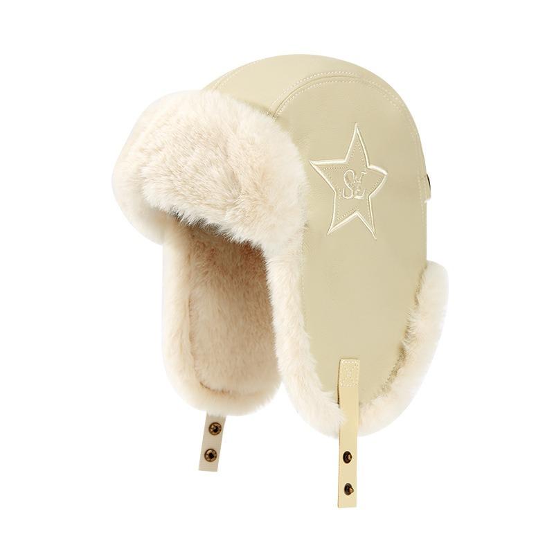 Vintage star leather, velvet, thickened warm and cold ear protector, ski riding cap.