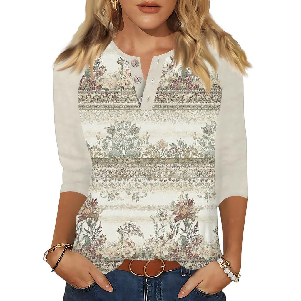 Women's T Shirt Print Button 3/4 Sleeve Daily Weekend Fashion Basic V- Neck Regular Top