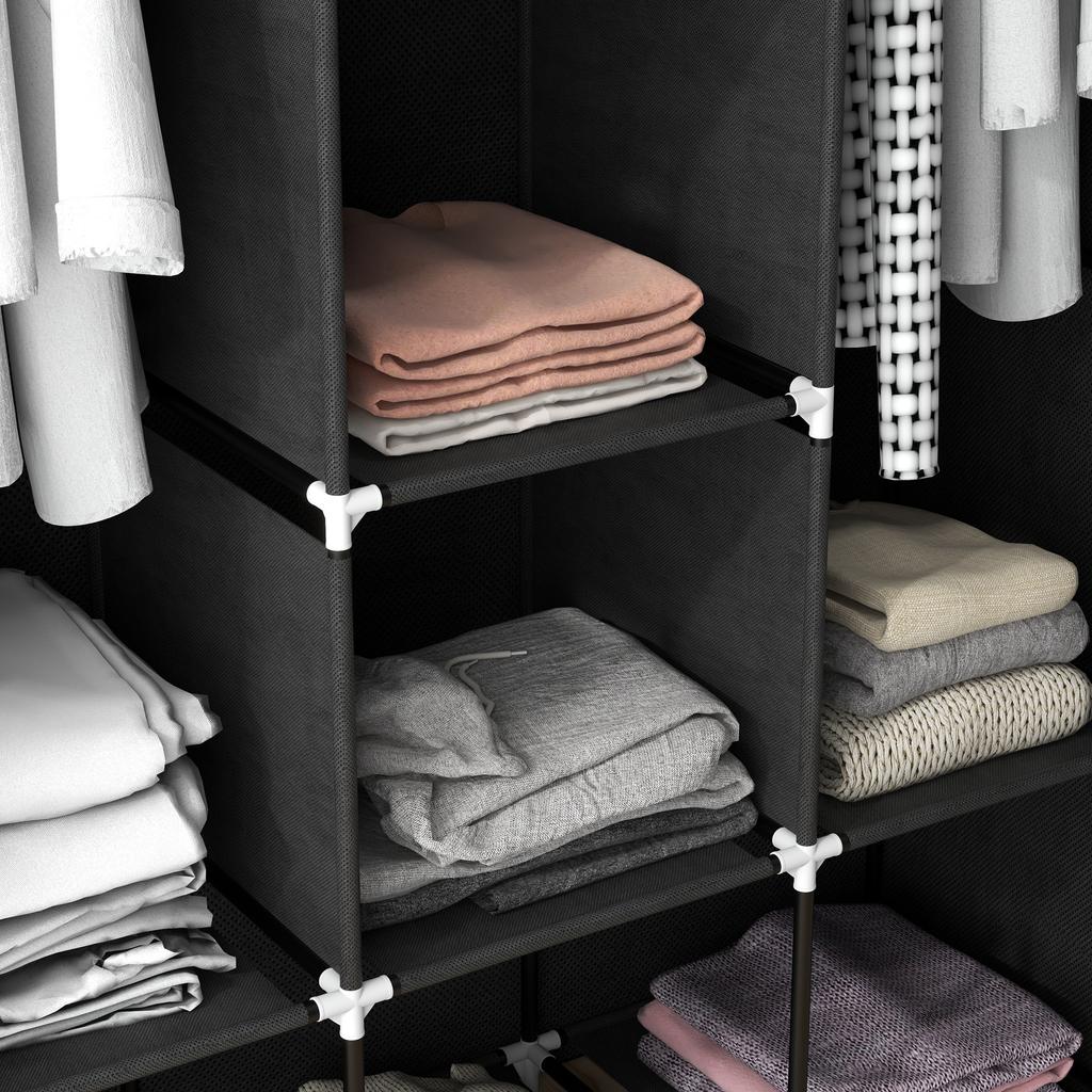 Fabric Wardrobe, with Rails and Shelves - Black