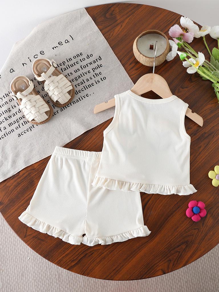 Baby Girl Summer Outfit Short Sleeve Round Neck Striped Top with 3D Flower Embroidery and Solid Color Ruffle Shorts 2Pcs Set