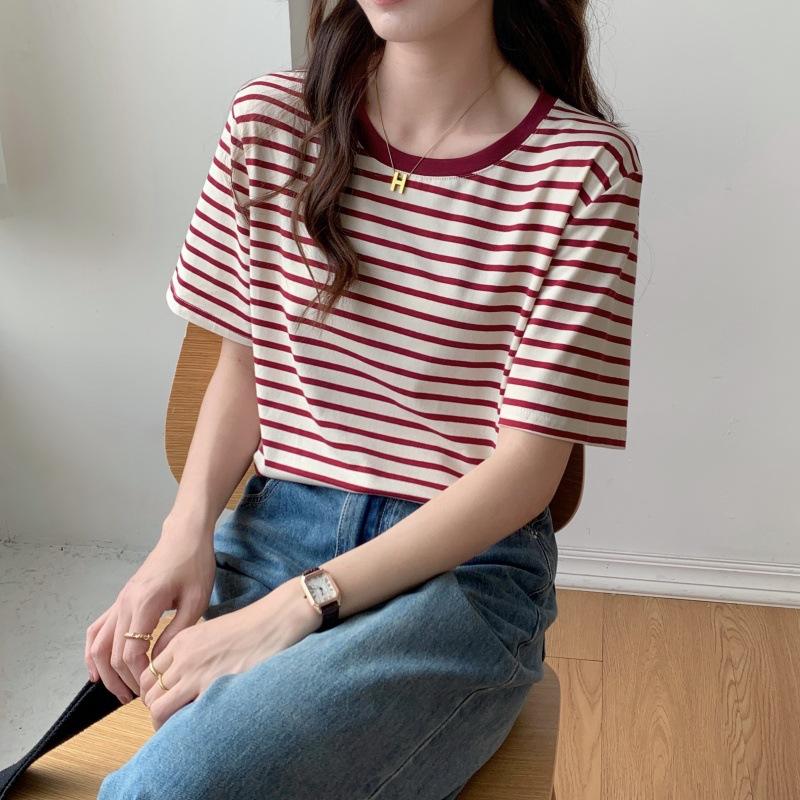 Casual striped t-shirt women's short-sleeved summer new student half-sleeved top loose versatile crew neck t-shirt ins