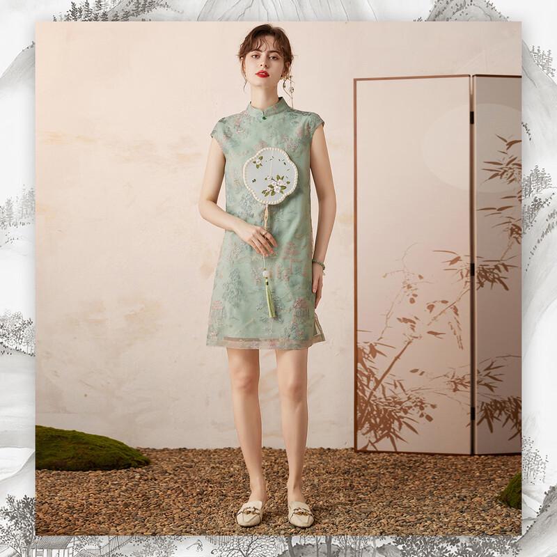 Bailuyu New Chinese Style Embroidered Stand Collar Qipao Dress