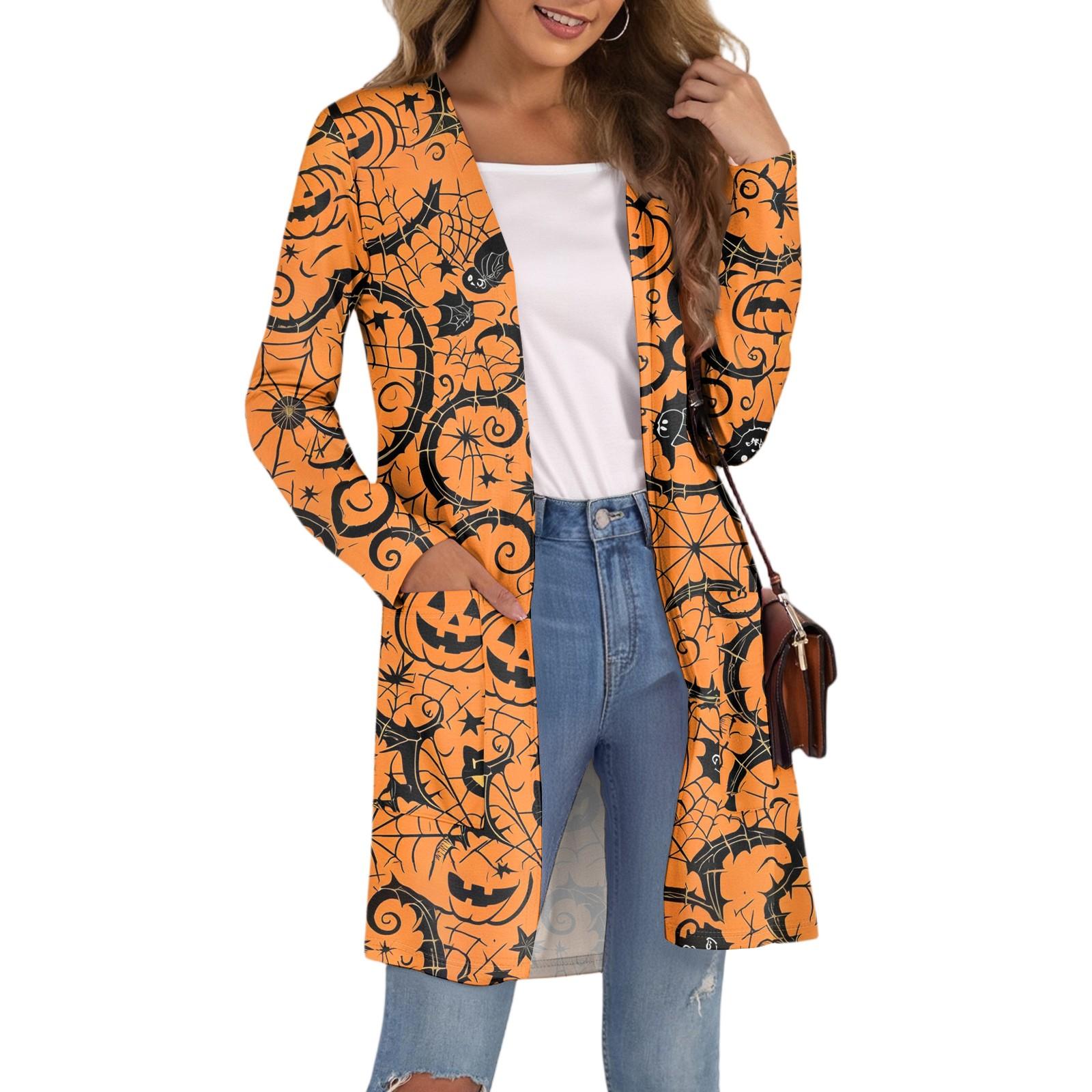 

Женский модный повседневный удобный кардиган средней длины с принтом на Хэллоуин и карманами XL оранжевый