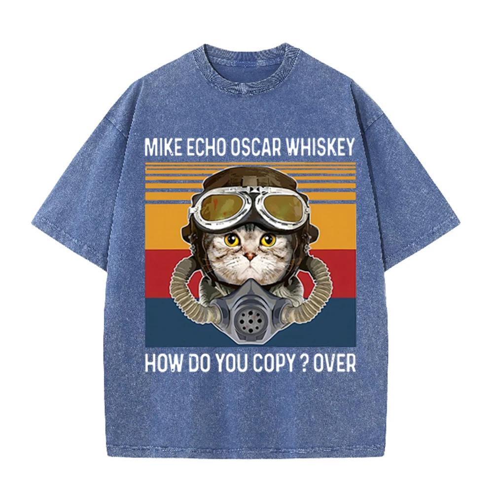 2026 Vintage Pilot Cat Mike Echo Oscar Whiskey Graphic Washed T Shirt Retro Military Style Men Women Oversized Casual Streetwear