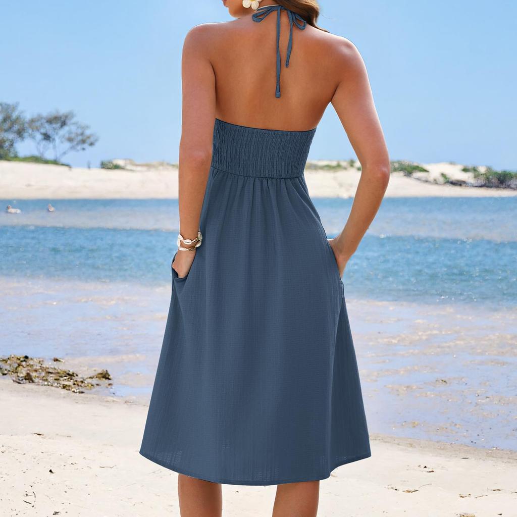 Damen Farb Ärmellos Slim Fit Modisches Langes Kleid
