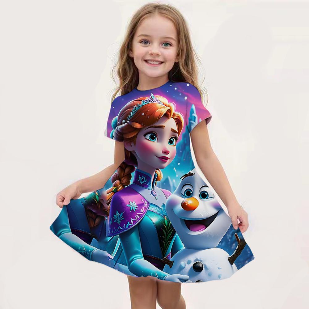 2026 Disney New Summer Girl Princess Elsa Dress Fashion Cartoon Cute 3d Print Dress Kid Short Sleeve Princess Frozen Clothing