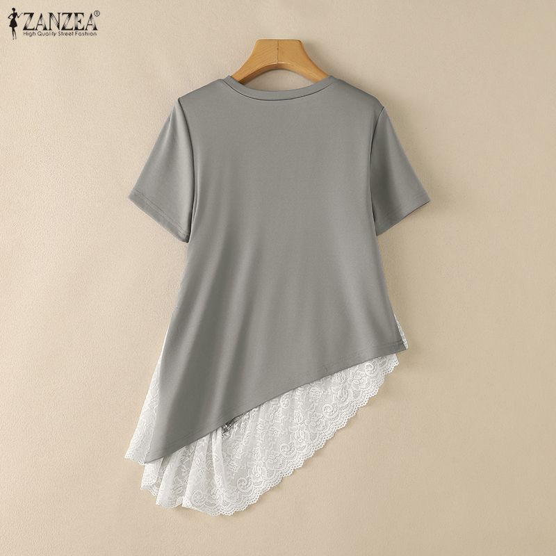 ZANZEA Women Casual Lace Splice Irregular Hem Summer Short Sleeve Blouse Tops