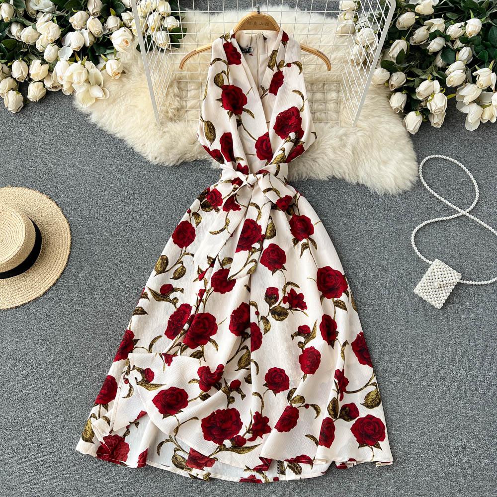 

Retro Print Dress Summer New Goddess Fan Temperament V-Neck Tie Waist Thin Mid-Length Dress XXL бежевий