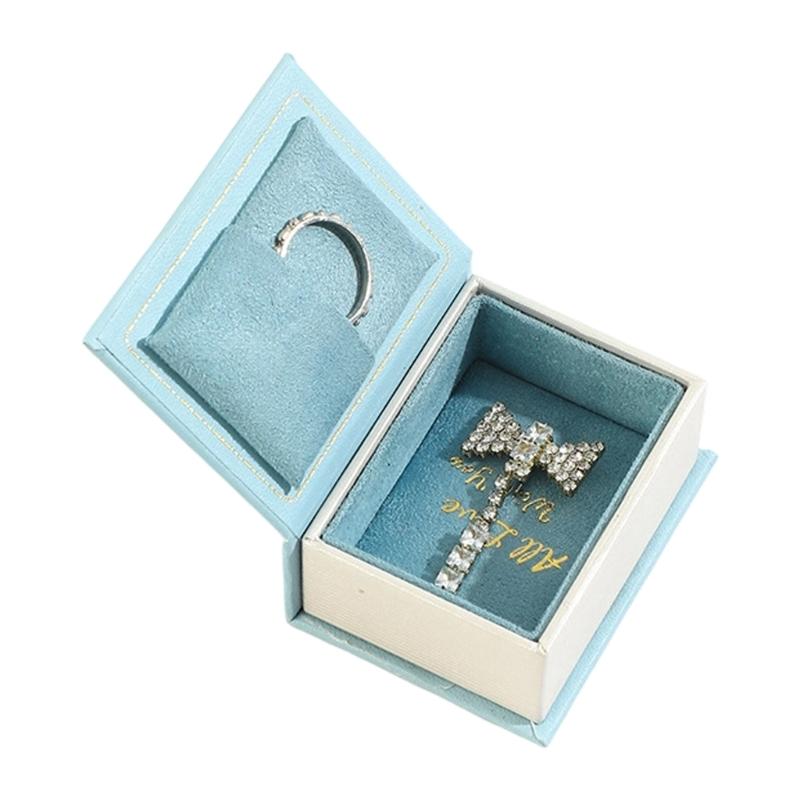 Jewelry Presentation Box with Book Style Flip Lid, Soft Lined Ring Holder Panel and Display Space for Gift Packaging