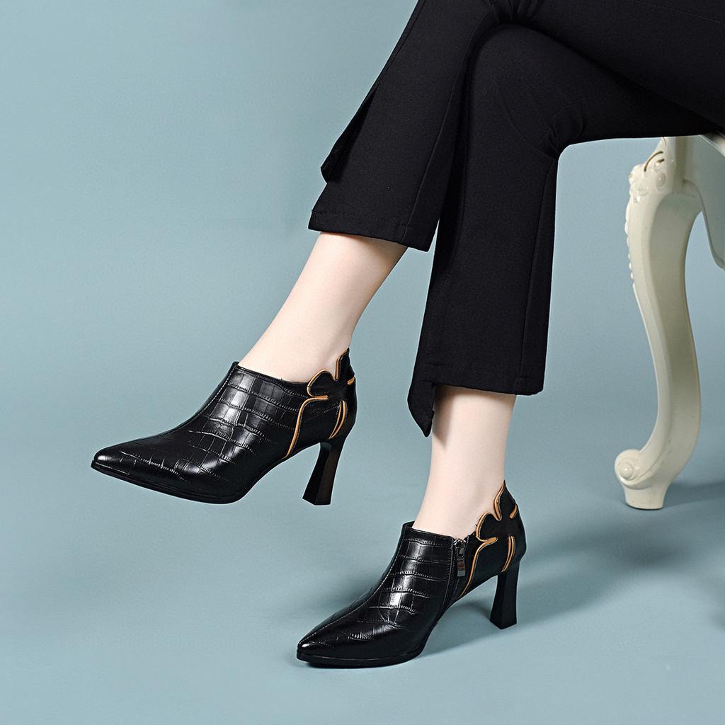 Pointed high heels women's spring new plaid cowhide flower fine heel deep mouth single shoes fashion ankle shoes