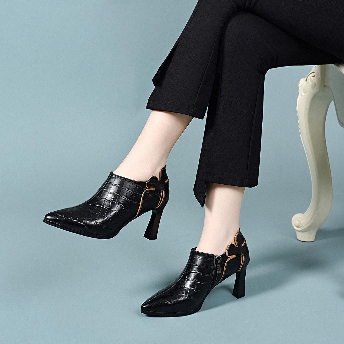 

Женские туфли-лодочки на остром высоком каблуке, весенняя новинка, клетчатые, из коровьей кожи, с цветком, на тонком каблуке, с глубоким вырезом, одинарные туфли, модные ботильоны 40