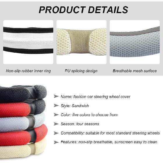 Car Steering Wheel Cover, 15" Anti-Slip Steering Wheel Protector Soft Hand Pad Cushion, Breathable Ice Silk Auto Wheel Wraps Comfy Grip All-Season