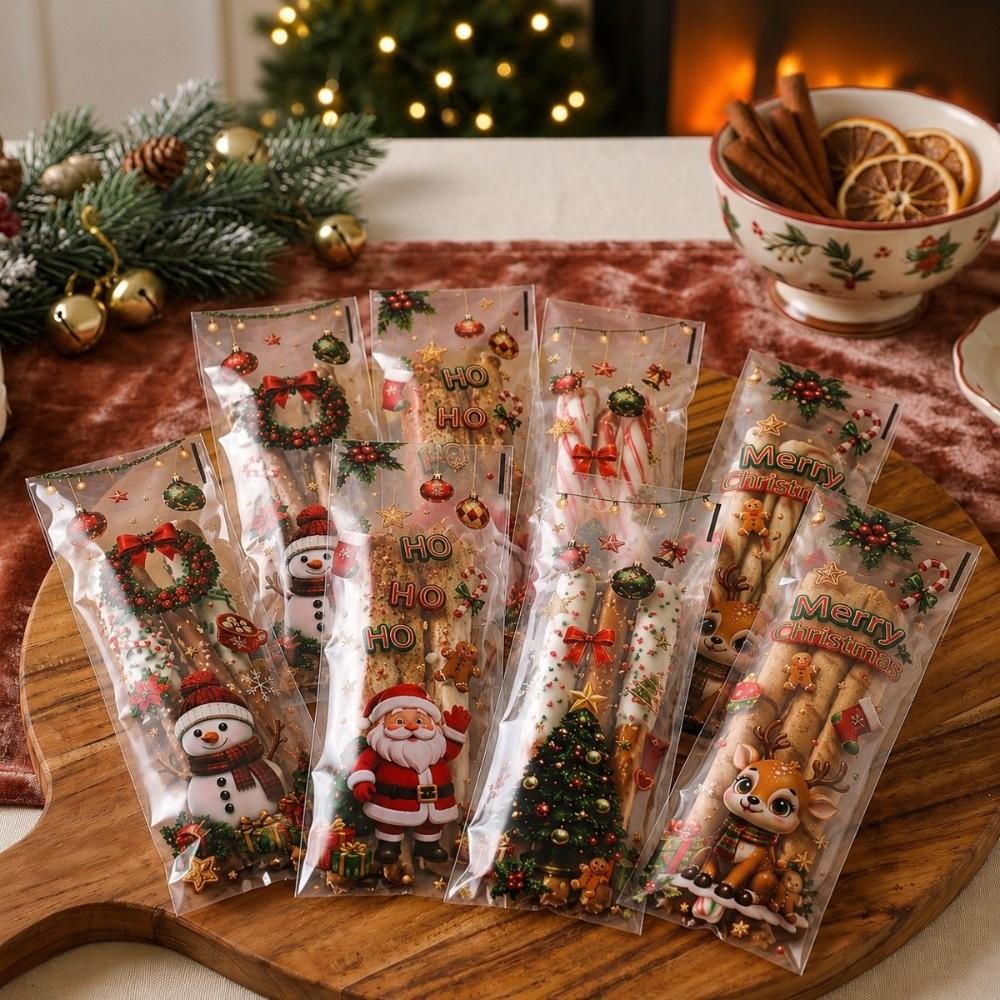 50/100Pcs Long Shape Christmas Treat Bags Snowman Print Favor Packaging Bags Christmas Party