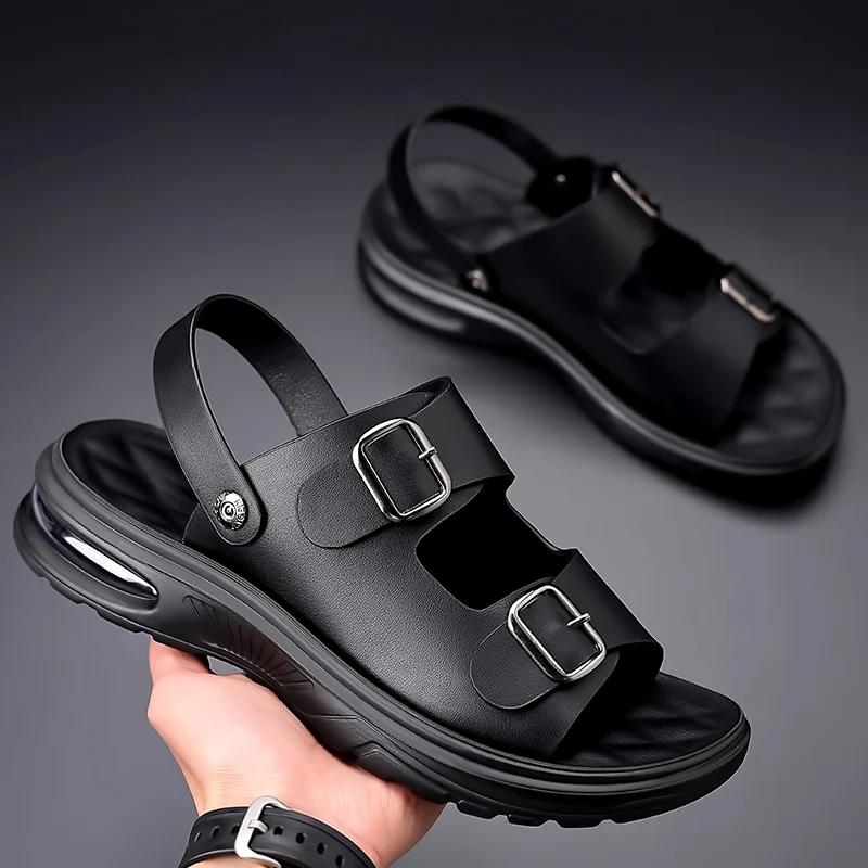Summer Men's Genuine Leather Sandals Fashion Casual Non slip Large Hollow Breathable Sandals Men's Beach Shoes Hole Shoes