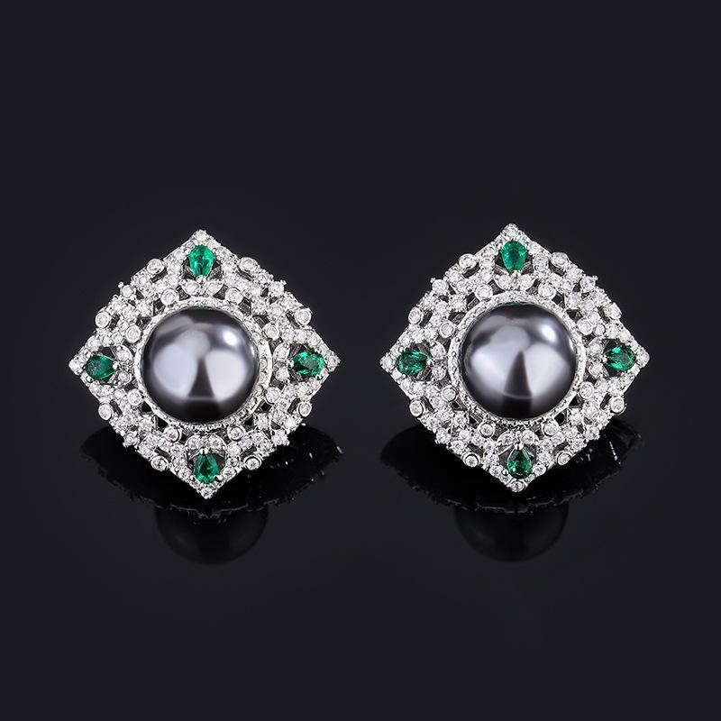New European and American retro style green gray pearl pendant necklace ring 14mm stud earrings 10mm temperament suit women
