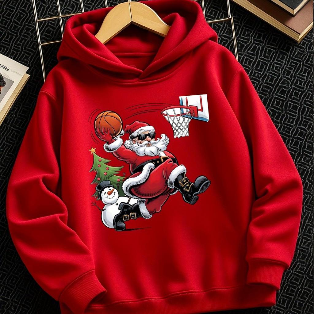 Santa Claus Playing Basketball – Trendy Casual Hoodies for Boys and Girls (Autumn/Winter), Suitable for Outdoor Activities