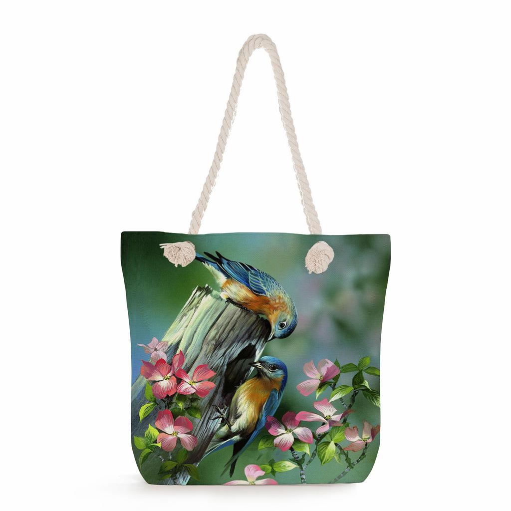 Bird print thick rope single-shoulder beach bag 7251 CLE