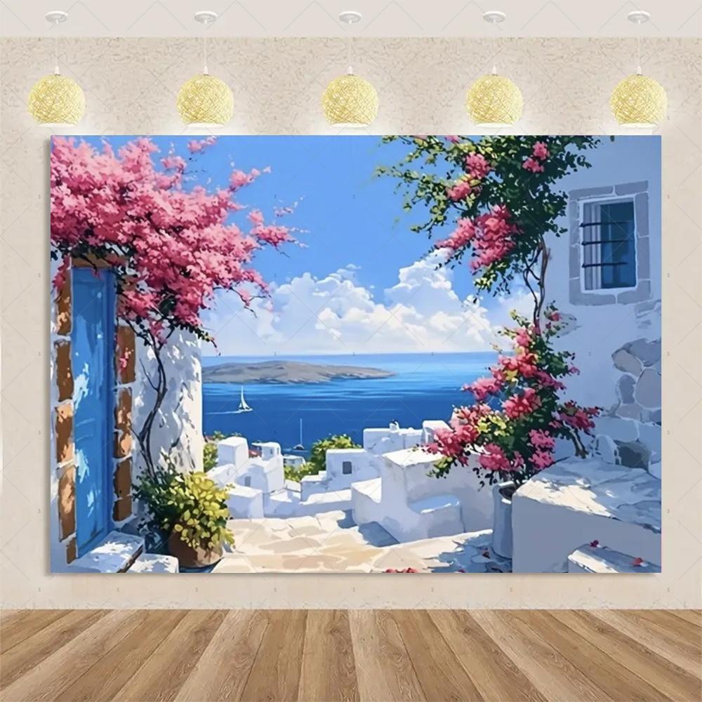 Nordische Griechische Landschaft Hausparty Dekorationen Inselstadt Santorin Blaue Kuppel Kirche Ägäis von Santorin Fotografie Hintergrund