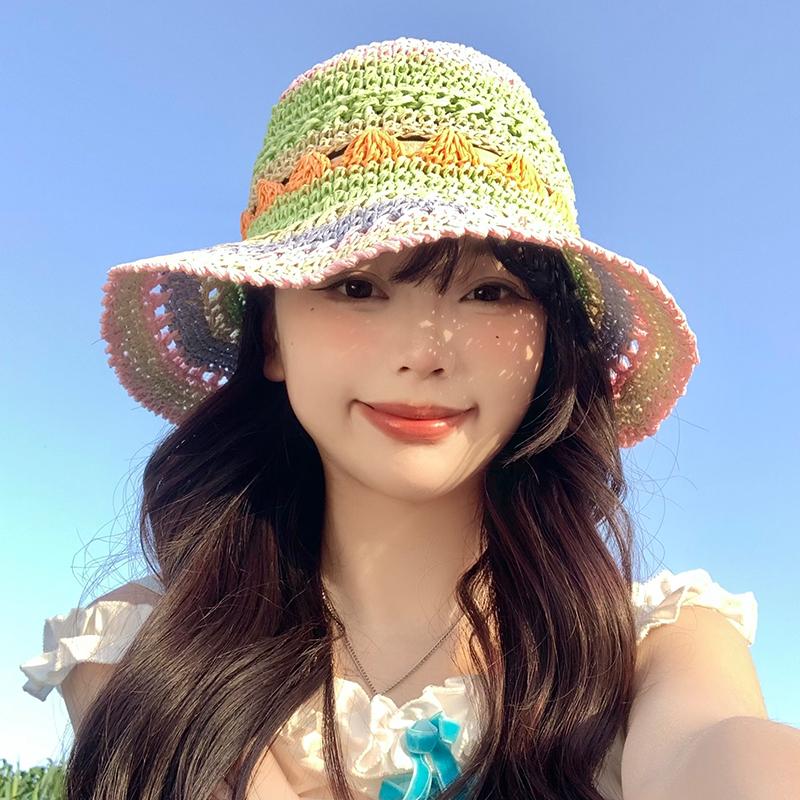 

Spring viewfinder color + woven straw hat women s beach hat sun protection big brim bucket hat sun hat Adult average size рожевий зелений колір