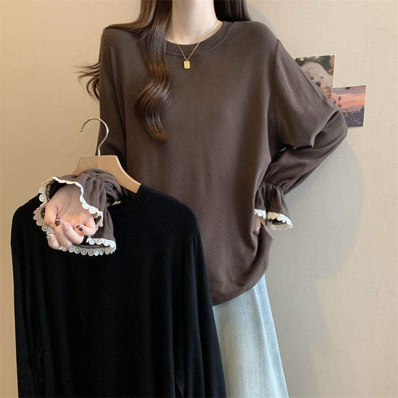 Plus Size Lace Sleeve Women's Slimming Long Sleeve T-Shirt - Autumn/Winter Loose Fit