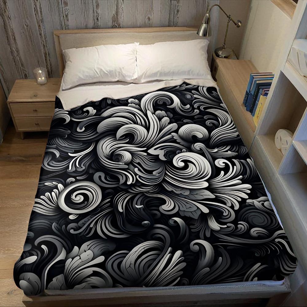 Monochrome Swirl Flourish Flannel Blanket Warm Soft Halloween Christmas Couch Warm Cozy Decorative Decor Gift for All Season