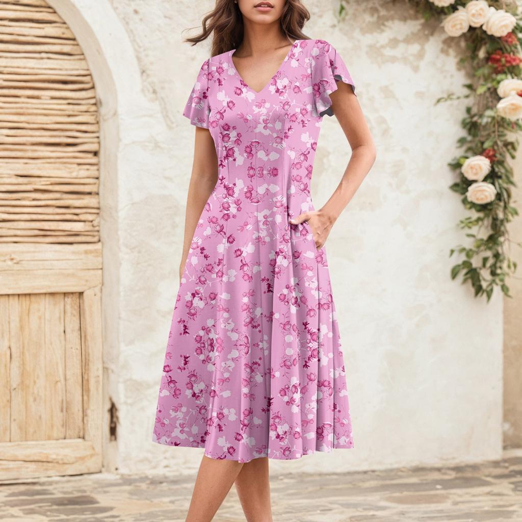 Rochie Midi Elegantă Retro de Vară pentru Femei cu Mâneci Volan V-Gât