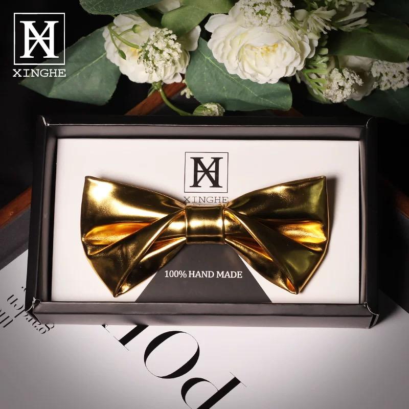 

Golden Silver Metal Texture PU Leather Bow Tie Banquet Wedding Groomsmen Bowtie Gift Box For Man Accesorios