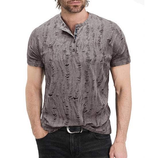 Summer Men Top Short Sleeves Round Neck Ripped Holes Buttons American Style Solid Color Shirt for Streetwear Daily Travel