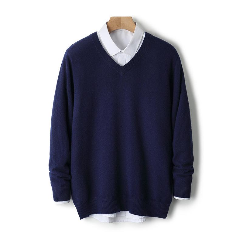 Men s V-Neck Pure Wool Sweater - Casual Loose Knit Pullover XXXL