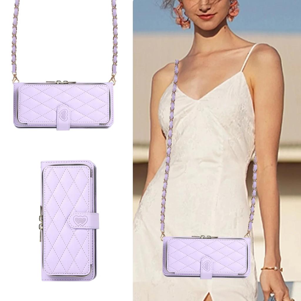 Metal Lanyard Crossbody Zipper Cards Solt Wallet Leather Case for Samsung Galaxy Z Fold 6 5 4 3 Fold4 Fold5 Holder Stand Cover