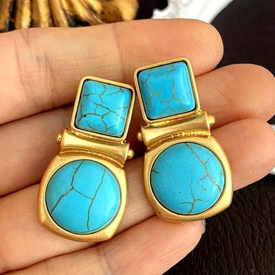 Kadınlar İçin Turkuaz Küpe Geometrik Saray Tarzı Orta Çağ Modası Zarif Retro Takı Hediye
