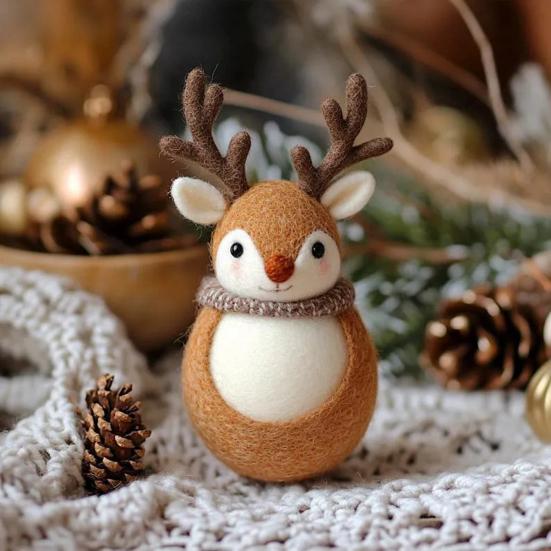 Soft Wool Felt Reindeer Ornament Embroidered Eyes Cheerful Pompon Nose Deer Christmas Handmade Doll Holiday Decor
