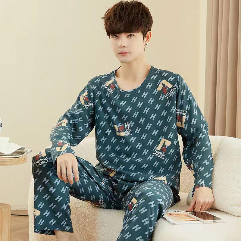 Men Pajamas Long-Sleeved Long Trousers Autumn and Winter Large Size Homewear Two-Piece Kit Sleepwear Loungewear Youth Nightwear